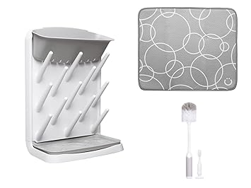 Ubbi Vertical Bottle Drying Rack, Bottle Brush & Microfiber Drying Mat Bundle, Newborn Baby Essentials, Baby Registry Must Haves, New Parent Gifts, Gray