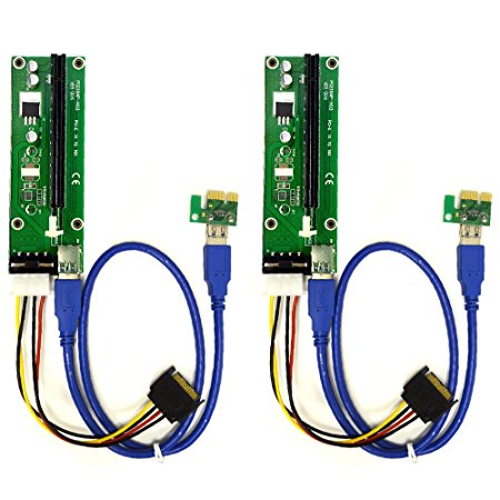 2-Pack PCIe VER 006 PCI-E 16x to 1x Powered Riser Adapter Card w/ 60cm USB 3.0 Extension Cable & MOLEX to SATA Power Cable - GPU Riser Adapter - Ethereum Mining ETH