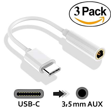 USB C to Headphone Adapter 3-Pack, Roopower Type C Male to 3.5mm Female Aux Audio Adapter Microphone Connector Cable 10cm for Huawei P20 Pro, Moto Z, Xiaomi 8, Le Pro 3 and More. (White)