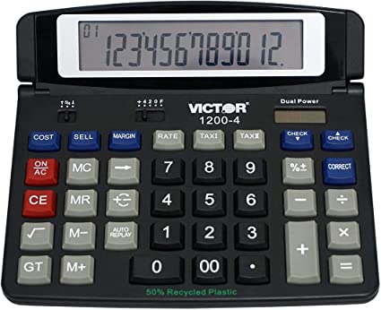 Victor 1200-4 12-Digit Large Professional Desktop Calculator, Battery and Solar Hybrid Powered Tilt LCD Display, Great for Home and Office Use, Black