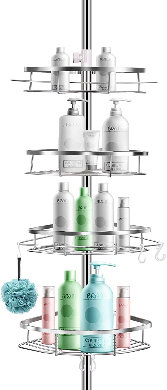 Bathroom Shelf, Rosefray Tension Shower Pole Corner Caddy, Rustproof 304 Stainless Steel, 4 Tier Adjustable Baskets, Height Adjustable 3.8 to 8.9ft