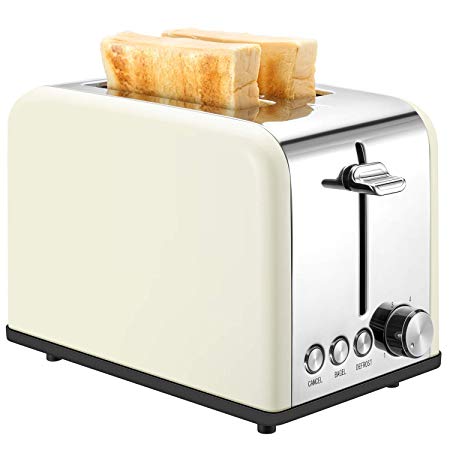 Compact Small Bread Bagel Toasters 2 Slice Best Rated, Wide Slot Stainless Steel Kitchen Toaster (Cream)