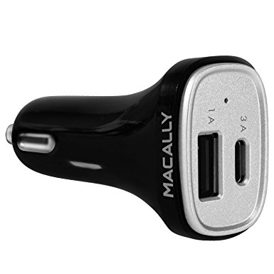 Macally 20W USB Type C Dual Port Car Charger Adapter with USB C and Standard USB A Outputs for Samsung Galaxy S8/S6/Edge, LG G5, Nexus 6P/5X, iPhone 7/7 Plus, etc. (CAR20UC)