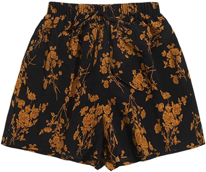 DIDK Women's Floral Print Elastic Waist Belted Wide Leg Boho Shorts