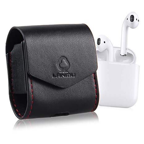 Case for AirPods,LANMU Premium Genuine Leather Magnet Closure Protective Cover for Apple wireless EarPods（Black）