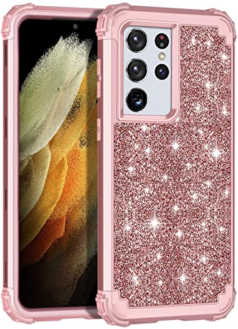 LONTECT for Galaxy S21 Ultra 5G Case Glitter Sparkle Bling Heavy Duty Hybrid Sturdy High Impact Shockproof Protective Cover Case for Samsung Galaxy S21 Ultra 5G 6.8 2021, Shiny Rose Gold