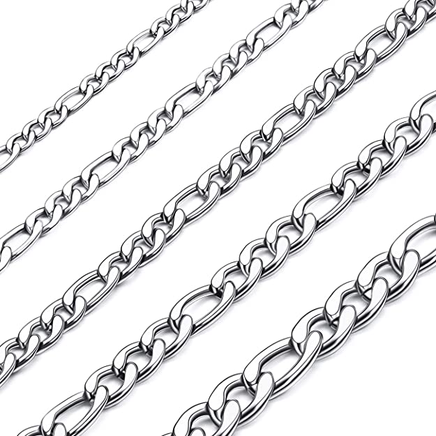 MOWOM Silver Gold Black Color Cuban Link Chain Necklace Water Resistant Mens Stainless Steel Necklace for Women Boys Kids Thin Figaro Necklace Chain with Gift Bag (3.0-8.5mm Wide, 14-36 Inches Long)