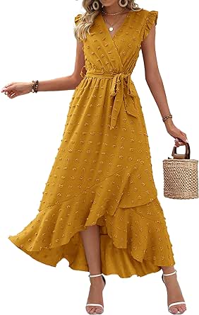 BTFBM Women's 2024 Summer Wrap V Neck Dress Ruffle Sleeve Swiss Dot Boho Ruffle Slit Beach Party Flowy Long Maxi Dresses