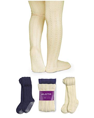 LA Active Baby Tights - 2 Pairs - Non Skid/Slip Cable Knit (Cream & Navy, 12-24 Months)