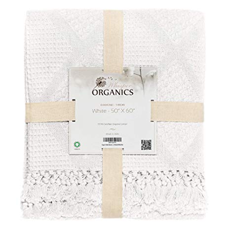 Whisper Organics Organic Cotton Throw Blanket G.O.T.S. Certified, Hypoallergenic (50x60, White)