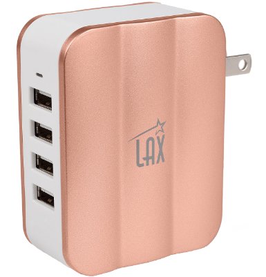 LAX Gadgets SmartPower 4 (30W 4-Port USB Wall Charger) Multi-Port USB Charger with Foldable Plug for iPhone 6s / 6 / 6 Plus, iPad Air 2, Galaxy S6, Note 5 and More (Rose Gold)