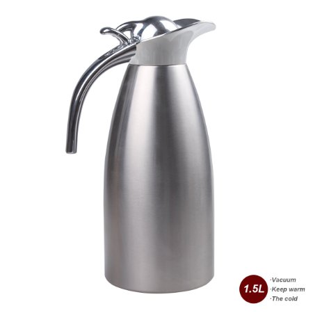 JUNING Coffee Pot Stainless Steel Double Wall Vacuum Insulated 1.5L Large Capacity Tea/Water Pitcher with Press Button Silver