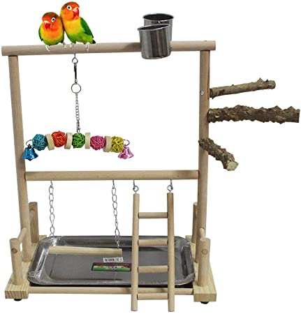 kathson Bird Playground Parrot Perch Stand Toys, Birds Wood Play Gym Activity Center Exercise Playpen Ladder Swing with Feeder Cups Chewing Toy(Include a Tray)