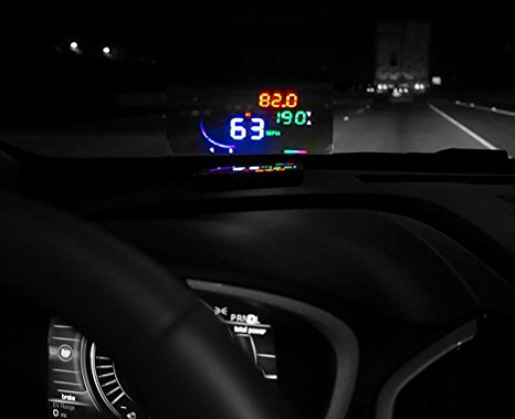 Head Up Display HUD by Frontier. Gas, Electronic and Hybrid car compatible. OBD2 Plug and Display, Instant MPG MPH,Speed Warning,Temperature color bar, 5.5 inch Multi-color screen,