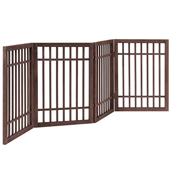 MyGift Freestanding 4-Panel Coffee Brown Wood Indoor/Outdoor Enclosure Folding Screen Fence, 6 ft Wide Space Divider