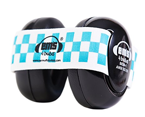 Em's 4 Bubs Hearing Protection Baby Earmuffs Size 0-18 Months (Black with Blue and White Headband)