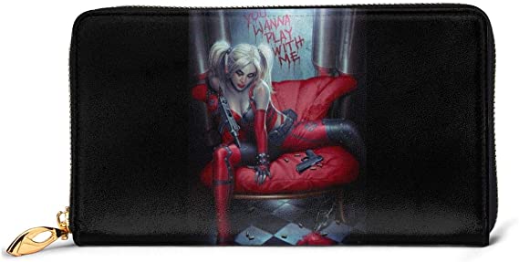 Clown Girl Harley Quinn Wallet， RFID Blocking Genuine Leather Zip-Around Wallets Purse Travel Purse Around Card Holder Organizer Clutch Bag