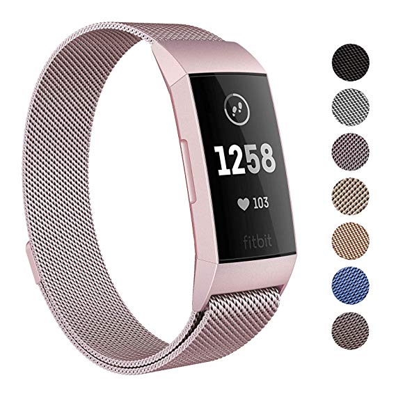 SWEES Metal Bands Compatible Fitbit Charge 3 and Charge 3 SE, Milanese Stainless Steel Magnetic Small (5.5" - 8.5") Large (6.1" - 9.9") Replacement Strap for Fitbit Charge 3 Fitness Tracker Women Men