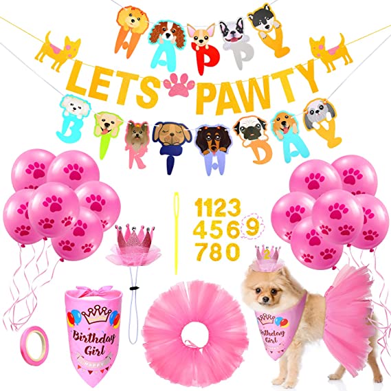 Dog Birthday Party Supplies Decoration Include Tutu Skirt Crown Hat 0-8 Figure Pet Happy Birthday Triangle Scarf Let's Pawty Banner and 10 Pieces 10 Inch Paw Print Balloons for Pet Puppy Dog Cat