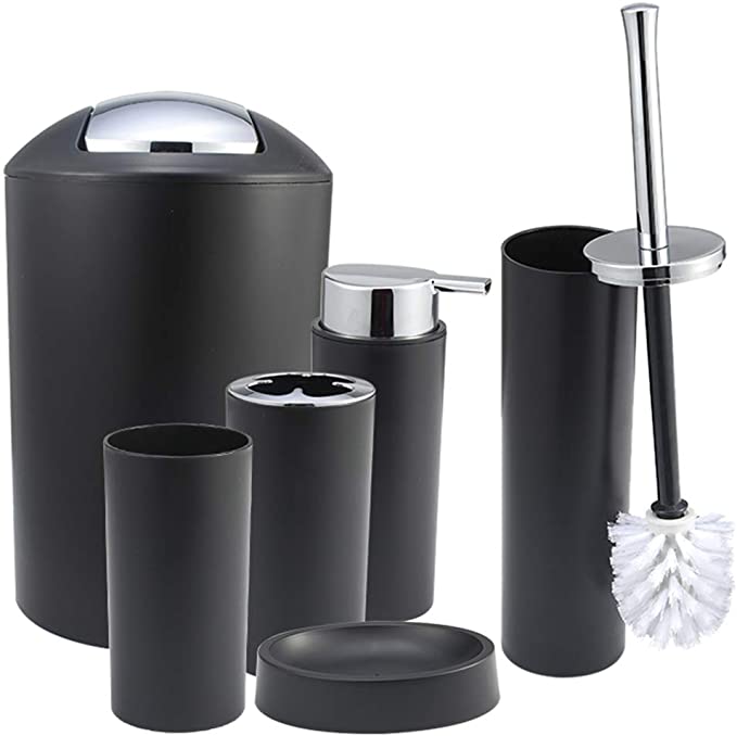 iMucci 6pcs Bathroom Accessories Set (Black)- with Trash Can Toothbrush Holder Soap Dispenser Soap and Lotion Set Tumbler Cup