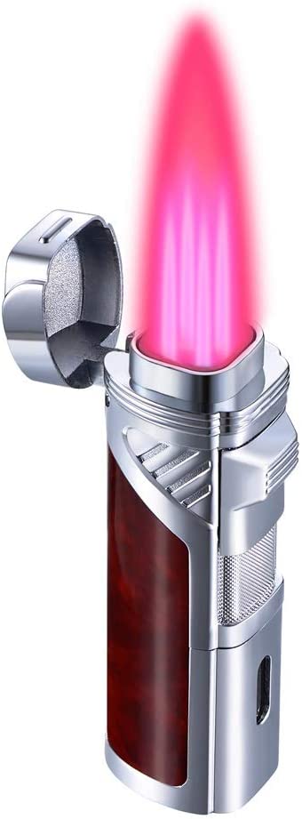 Torch Lighter Quadruple 4 Jet Flame Cigar Lighter with Cigar Punch - Windproof Flame Adjustable Butane Refillable Cigarette Torch for Men, Red (Without Gas)