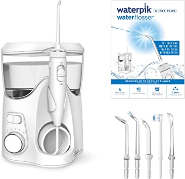 Waterpik Ultra Plus Water Flosser with 5 Tips and Advanced Pressure Control System with 10 Settings, Dental Plaque Removal Tool, White (WP-150UK)