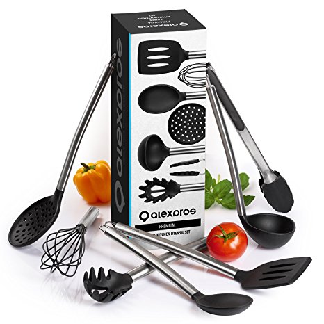 7 Piece Cooking Utensils Set - Best Stainless Steel & Silicone Kitchen Utensils incl. Ladle, Spoon, Turner, Tongs, Whisk, Skimmer, Spaghetti Server - Enjoy the Comfort & Safeness Today!