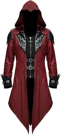 Men's Medieval Tailcoat Steampunk Vintage Spliced Hooded Trench Zipper Coat Gothic Dark Halloween Costume