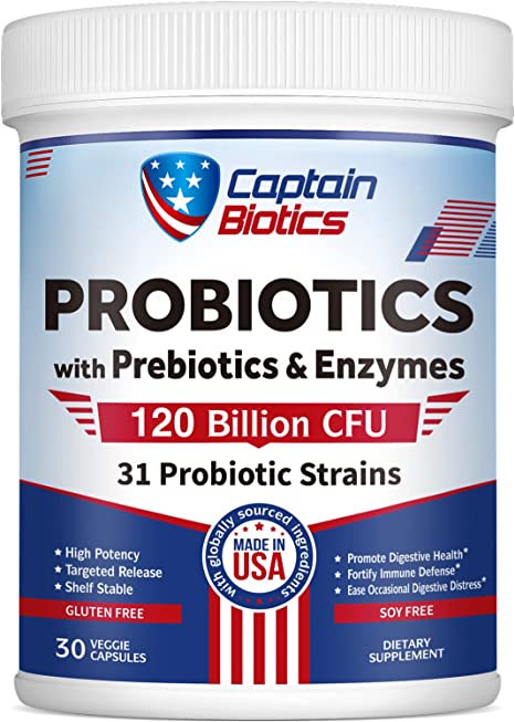 Captain Biotics Probiotics, 120 Billion CFU 31 Strains, with Prebiotics, Digestive Enzymes, for Digestive and Immune Health, Shelf-Stable, Targeted-Release, Non-GMO, No Gluten, No Soy, 30 Veggie Caps