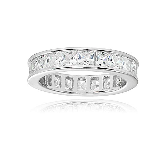 Sterling Silver Cubic Zirconia Princess-Cut 3mm Channel Set Polished Eternity Band Ring