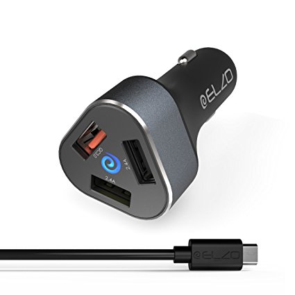 Elzo Quick Charge 3.0 42W USB Car Charger Fast Charger 3 Ports (One Quick Charge 3.0 Port and 2 Smart Ports) With A 3.3ft Rapid Quick Charge Micro USB Cable For Samsung Galaxy/Note, LG Flex2/V10/G4, Nexus 6, Motorola Droid/X (Black&Leaden, 3 Ports)