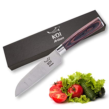 KOI ARTISAN Damascus Chef Knife - 5 Inch Razor Sharp Blade - Professional Kitchen Knife - Japanese High Carbon Stainless Steel-Stylish Pattern-Ergonomic Pakka Wood Handle - Corrosion Resistant