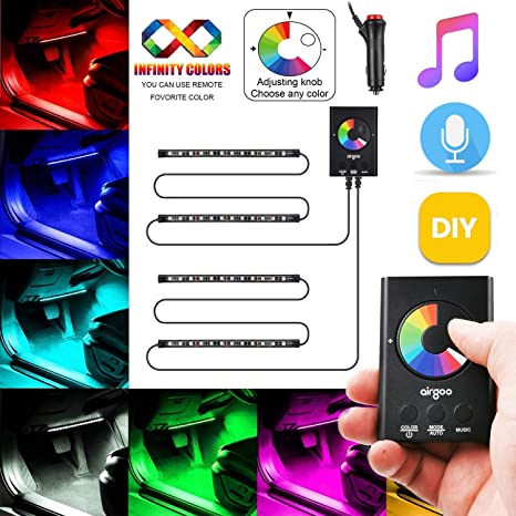 Music Car Interior Lights Smart Control, Airgoo RGB Car LED Strip Light, 2020 New Waterproof 4pcs 48 LED Underdash Lighting Kit with Color Knob, Easy change any color, Adjust Speed and Mic sensitivity