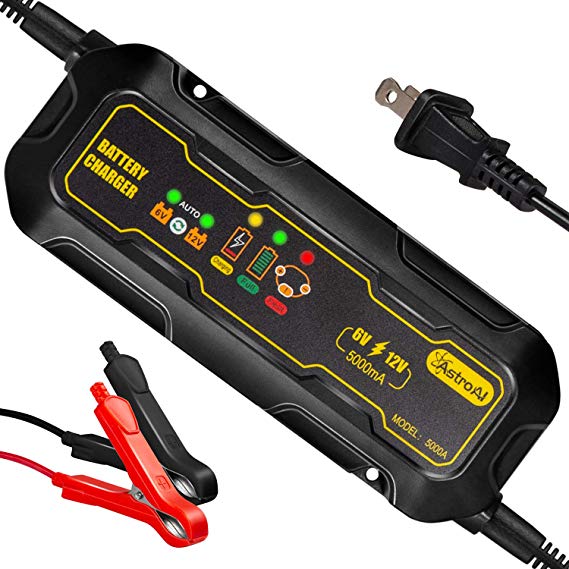 AstroAI Trickle Battery Charger, 5A 6V and 12V Smart Automotive Maintainer for Car Auto Automobile Lawnmower Boat Motorcycle RV ATV SUV Snowmobile