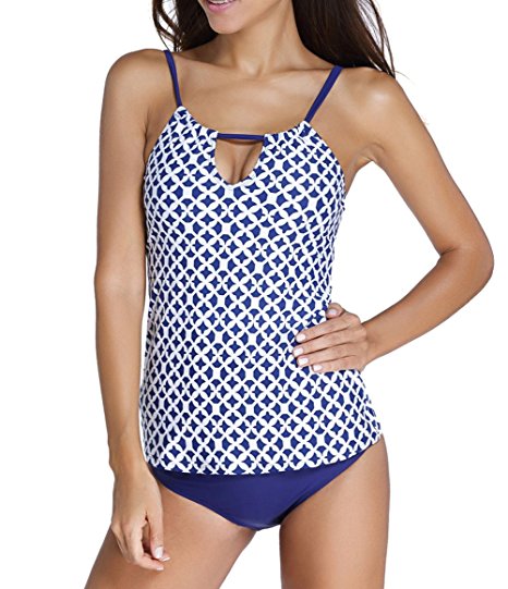 NuoReel Women Banded Printed Tankini Top With Triangle Briefs Swimsuit