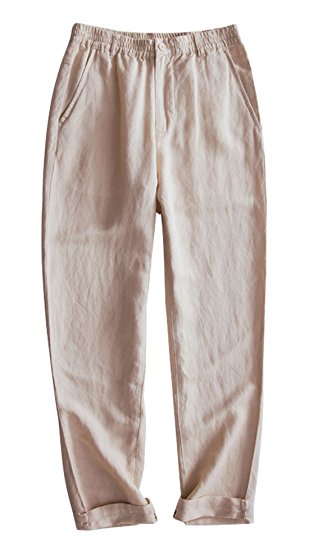 Chartou Man's Summer Casual Stretched Waist Loose Fit Linen Beach Pants
