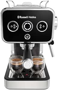 Russell Hobbs Cafetière [Machine Expresso Design Vintage] Distinctions Noir (15 Bars, mode auto. & manuel pour 1 ou 2 tasses, chauffe rapide, buse vapeur: lait & eau chaude, affichage LED) 26450-56