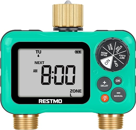 RESTMO Sprinkler Timer with Brass Inlet & Outlet, 2 Zone Programmable Water Timer for Garden Hose, 3 Separate Programs Hose Timer, Manual/Rain Delay/Automatic Watering for Drip Irrigation and Lawn