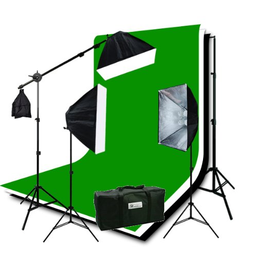 ePhoto H9004SB-69BWG Photography Studio Video Lighting Chromakey Screen 3 Muslin Backdrops Lighting Kit Background Support Kit-Green/Black/White