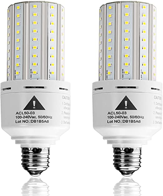 2-Pack Led Light Bulb 400W Equivalent 6250 Lumen 5000k Cool Daylight White E26/E27 Medium Base 50W Led Corn Light for Outdoor Indoor Lamp Area Garage Warehouse Workshop Street Backyard New Upgrade