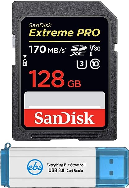 SanDisk 128GB SDXC SD Extreme Pro Memory Card Bundle Works with Canon EOS 5D Mark IV, 6D Mark II, 7D Mark II Digital DSLR Camera 4K (SDSDXXY-128G-GN4IN) Plus 1 Everything But Stromboli (TM) 3.0 Reader