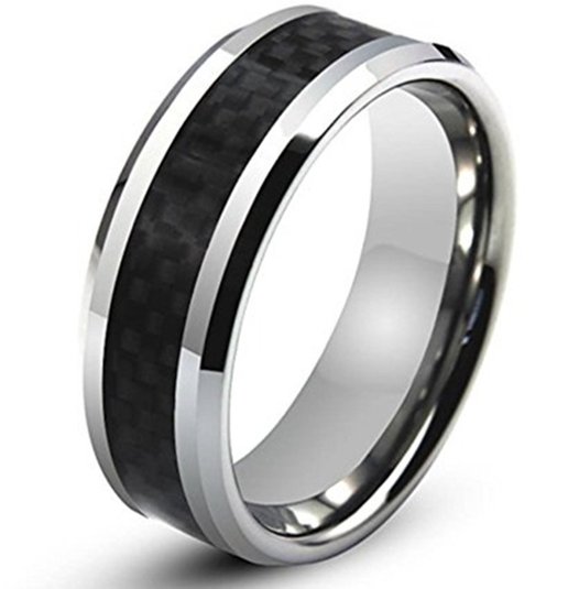 King Will Men's Black Tungsten Carbide 8mm Carbon Fiber Inlay Comfort Fit Wedding Band Ring
