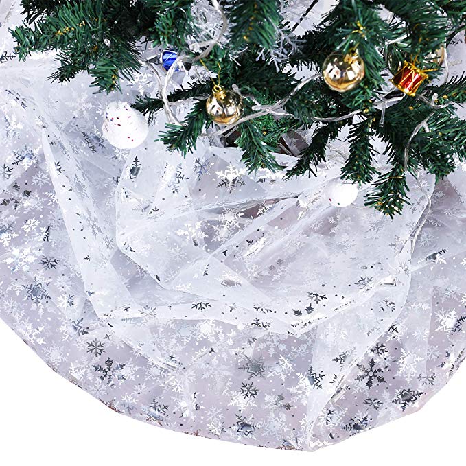 Bermino Organza Fabric DIY Christmas Tree Skirt, Decorative Sheer Christmas Tablecloth for Birthday Party Festival Wedding Decorations, Silver Snowflake 57 x 118 Inch