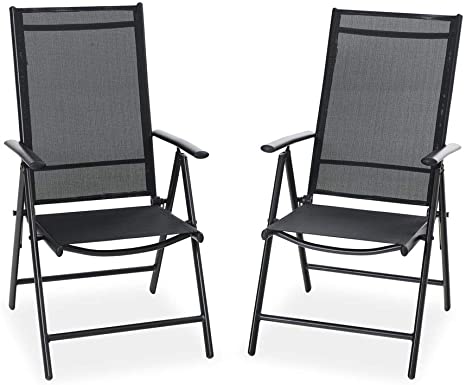 PHI VILLA 2 Set Patio Folding Sling Chair with Armrest, Adjustable Reclining Aluminum Frame Furniture Chairs for Outdoor Kitchen Deck Dining, Black