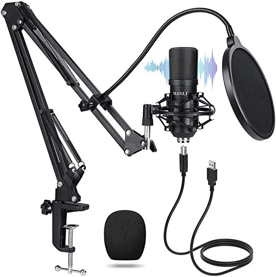 USB Streaming Mic kit for Podcast Recording MANLI Professional Studio Condenser Microphone with Pop Filter/Scissor Mic Arm Stand/Shock Mount for Computer PC PS4 Gaming Black