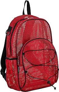 Eastsport Mesh Hiking Backpack Lightweight Bungee See Through for Travel, College, Swim, Gym Bag with Adjustable Padded Shoulder Straps, Red