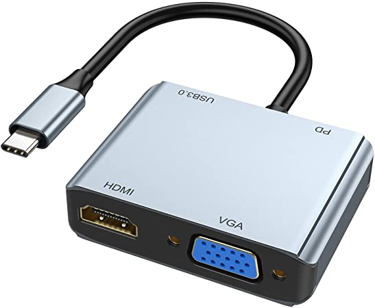 USB-C to HDMI VGA Adapter,ABLEWE 4-in-1 USB C Hub ,Type C (Thunderbolt 3) to VGA HDMI Converter with 4K HDMI,1080P VGA,USB 3.0,100W PD Charging Port for MacBook Pro/Dell XPS/Samsung Galaxy/iPad Pro/Chromebook/Huawei