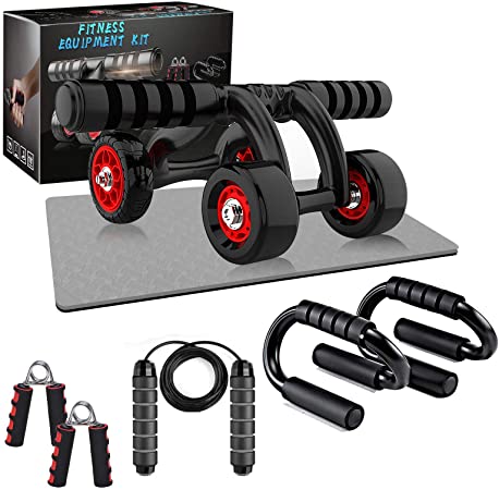 EEIEER 6-in-1 Roller Wheel Set, Ab Wheel Roller kit with Knee Pad, Push-Up Bar, Jump Rope, Hand Gripper, Home Gym Full Body Workout Equipment for Men/Women