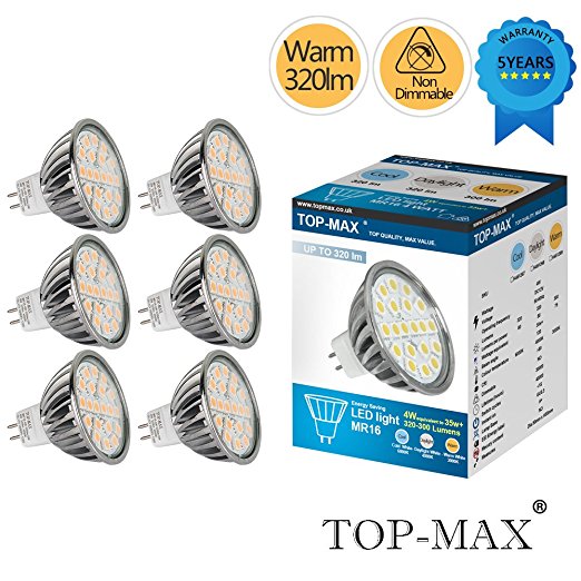 TOP-MAX Pack of 6 4W MR16 GU5.3 LED Bulbs Spotlight 20SMD 5050 320Lumen 3000K Warm White 120Beam Angle Non Dimmable 50W Halogen Bulb Equivalent Ultra Bright Energy Saving Lamp Indoor Recessed Track Cabinet Lighting Ceiling Downlight