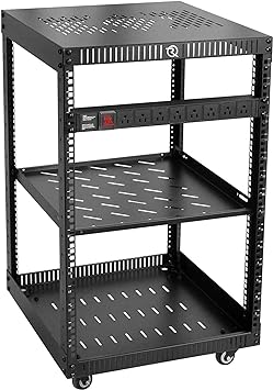 RIVECO 15U Network Rack with Reinforced Top & Bottom Vented Plates- 4 Rolling wheels Floor Standing Rack for 19" Equipment & Stereo Gear- Including 1PC 1U Rack Shelf & Basic Rail Mount PDU Power Strip